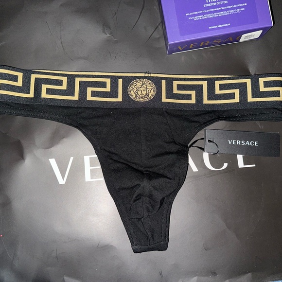 Versace Greca Border Medusa Greek Key Logo Black Thong Underwear w/ Tags+Box - Picture 4 of 5